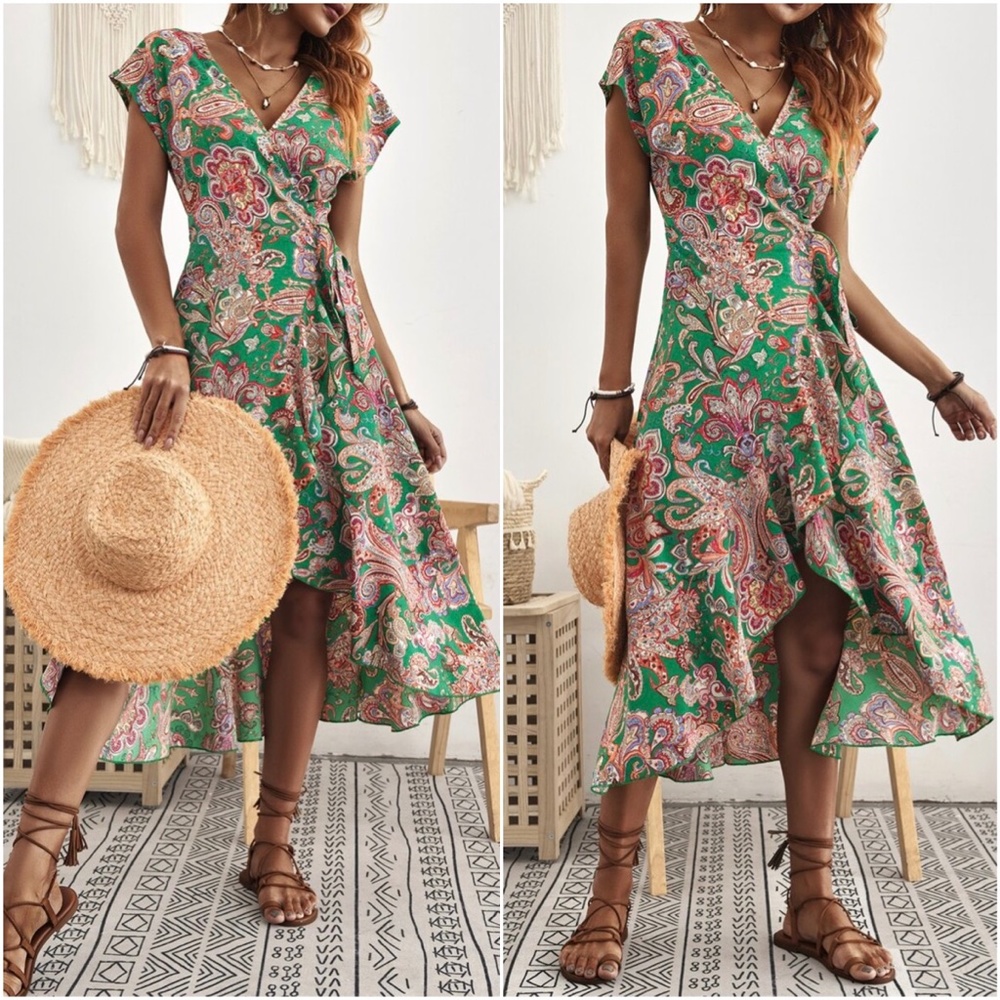 Bohemian Yellow Floral Paisley Print Wrap Midi Cottagecore Dress - Picture 3 of 6